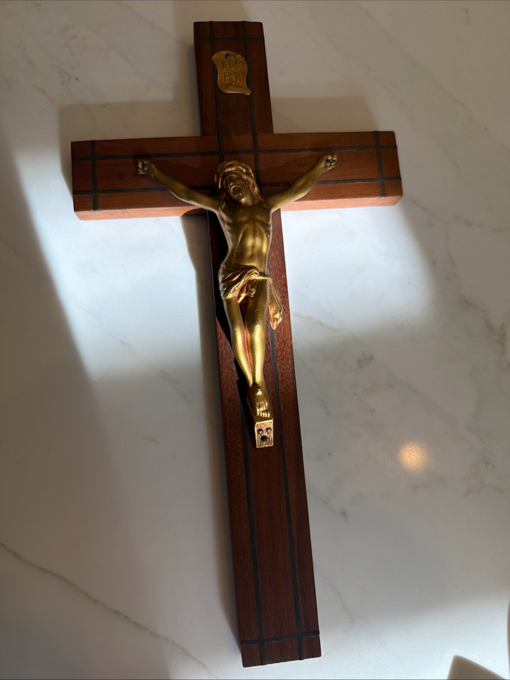 Vintage Metal & Wood Wall Crucifix with Gold-Tone Corpus Catholic Last Rites 12”